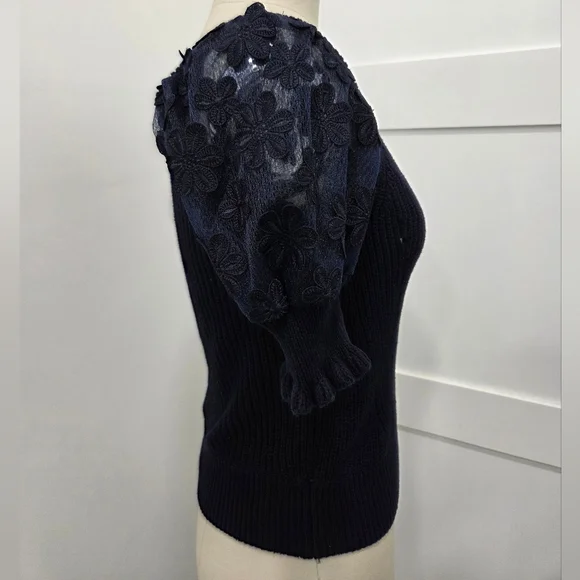 Industry Women's Navy Knit Top with Floral Sleeves Size S - Picture 3 of 10